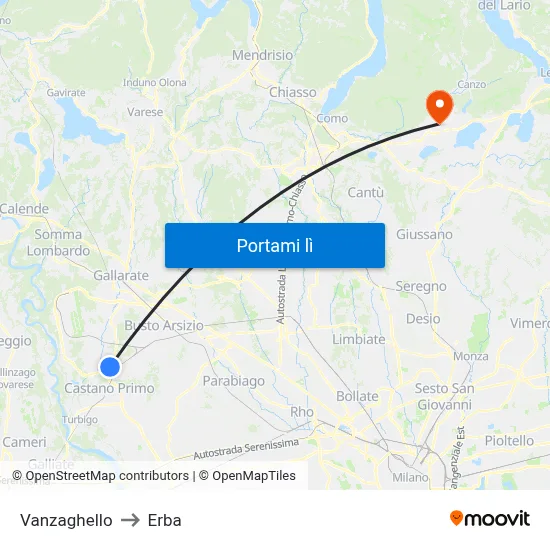 Vanzaghello to Erba map