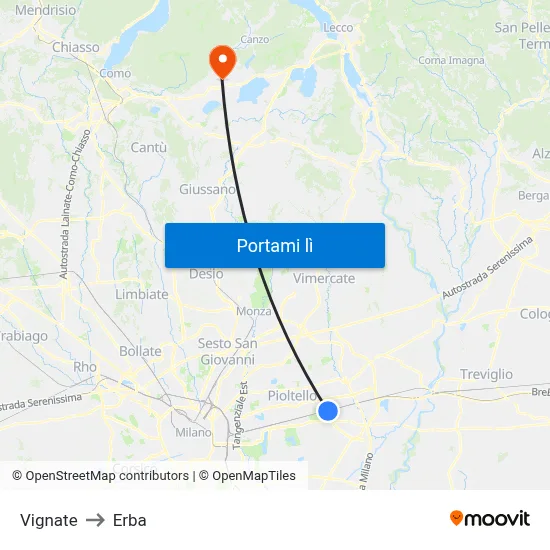 Vignate to Erba map
