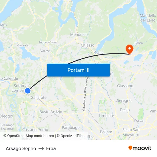 Arsago Seprio to Erba map