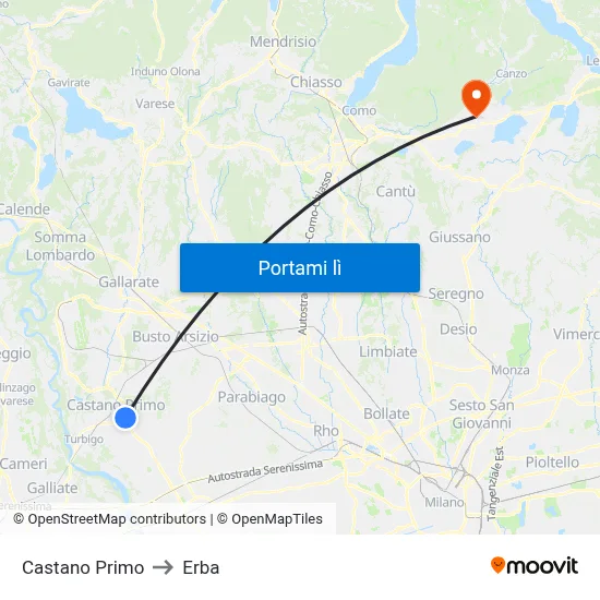 Castano Primo to Erba map