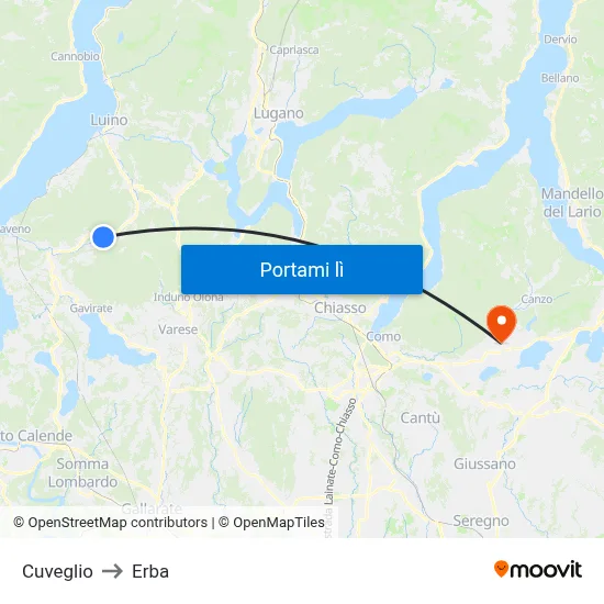 Cuveglio to Erba map