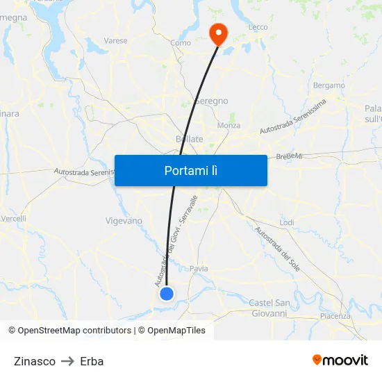 Zinasco to Erba map