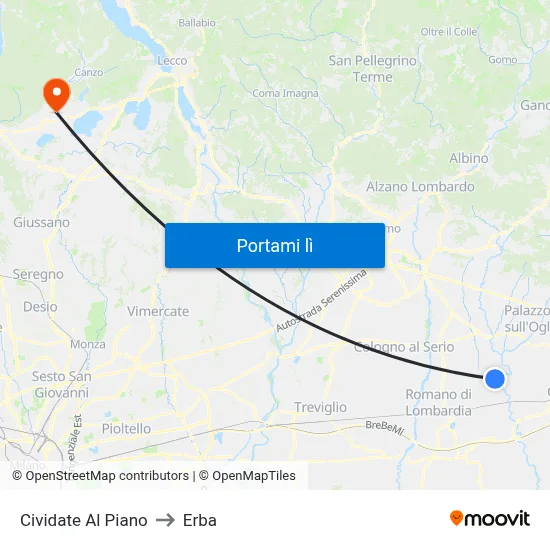 Cividate Al Piano to Erba map