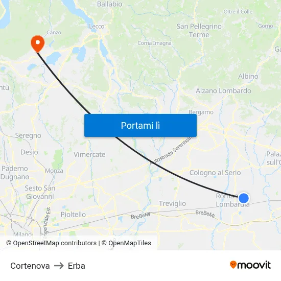 Cortenova to Erba map