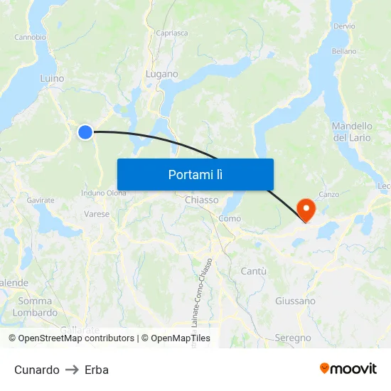 Cunardo to Erba map