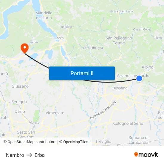 Nembro to Erba map