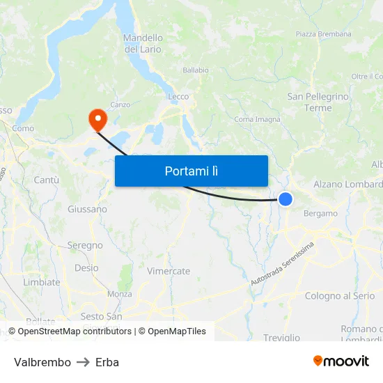 Valbrembo to Erba map