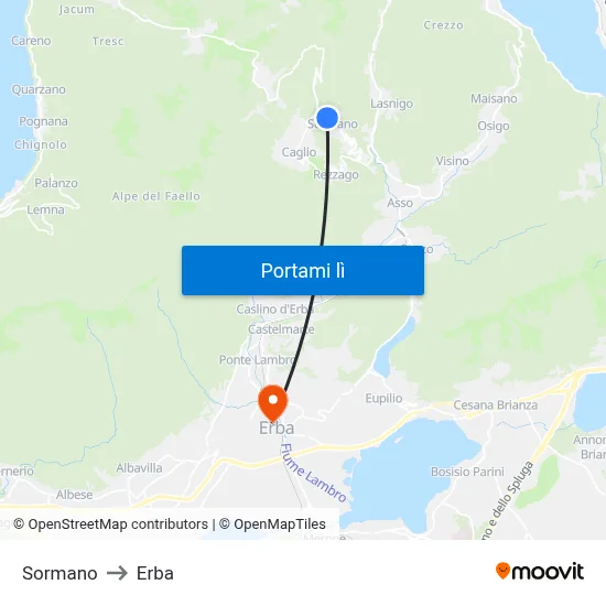 Sormano to Erba map