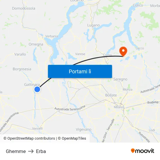 Ghemme to Erba map