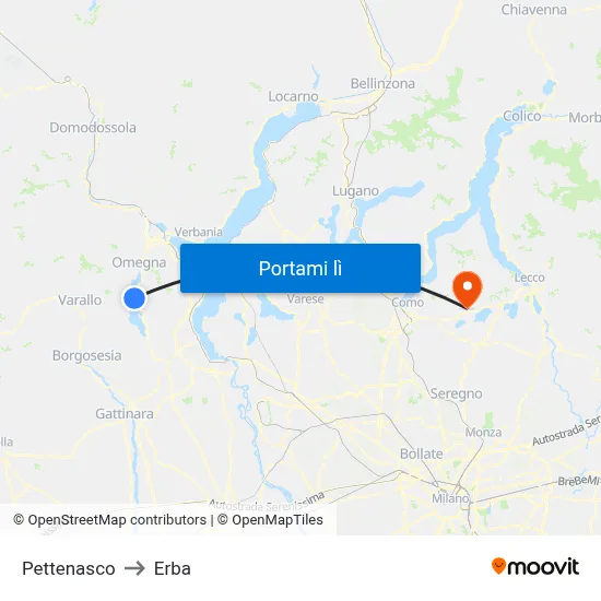 Pettenasco to Erba map