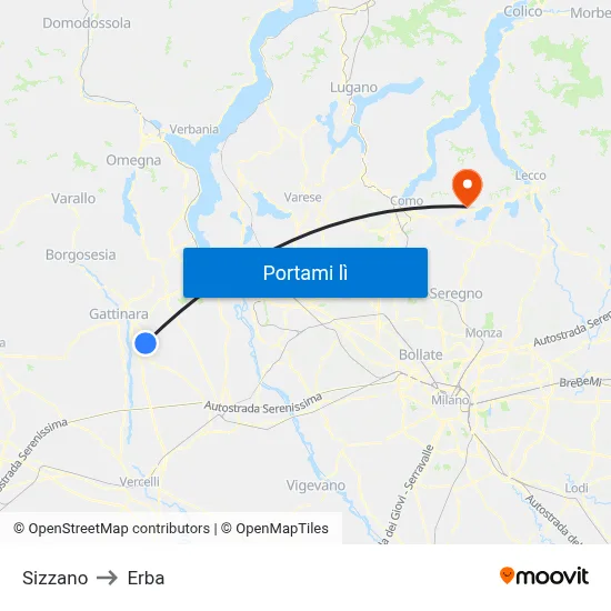 Sizzano to Erba map