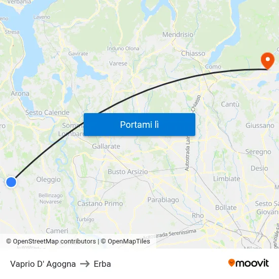 Vaprio D' Agogna to Erba map