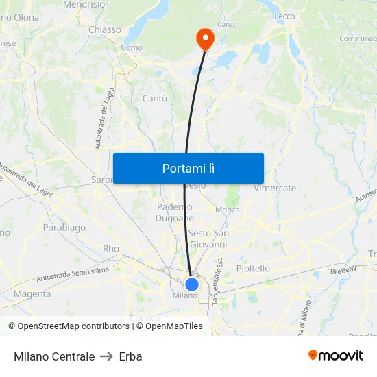 Milano Centrale to Erba map