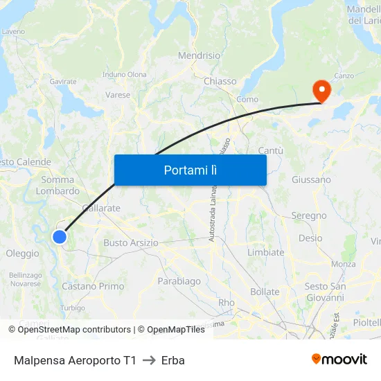 Malpensa Aeroporto T1 to Erba map