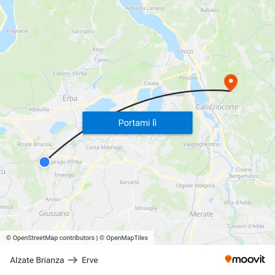 Alzate Brianza to Erve map