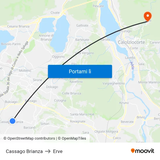 Cassago Brianza to Erve map