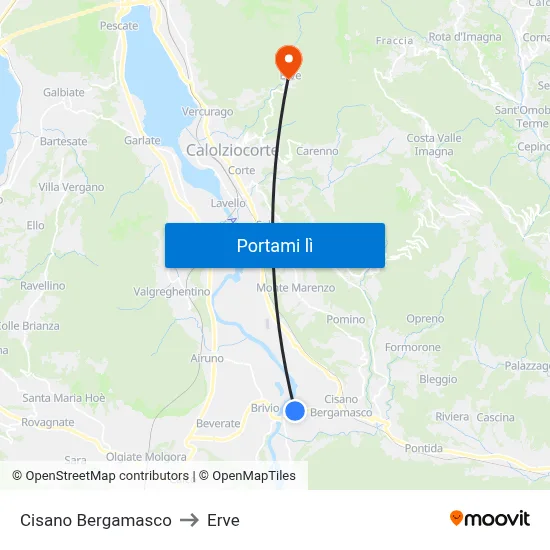 Cisano Bergamasco to Erve map