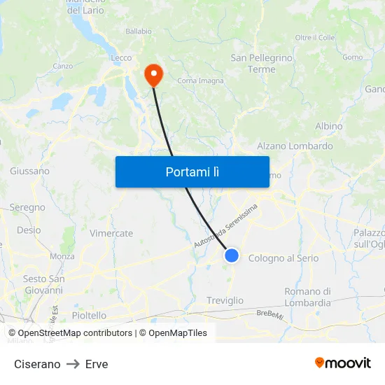 Ciserano to Erve map