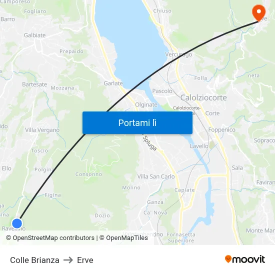 Colle Brianza to Erve map