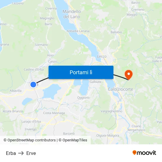 Erba to Erve map