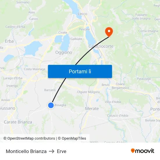 Monticello Brianza to Erve map