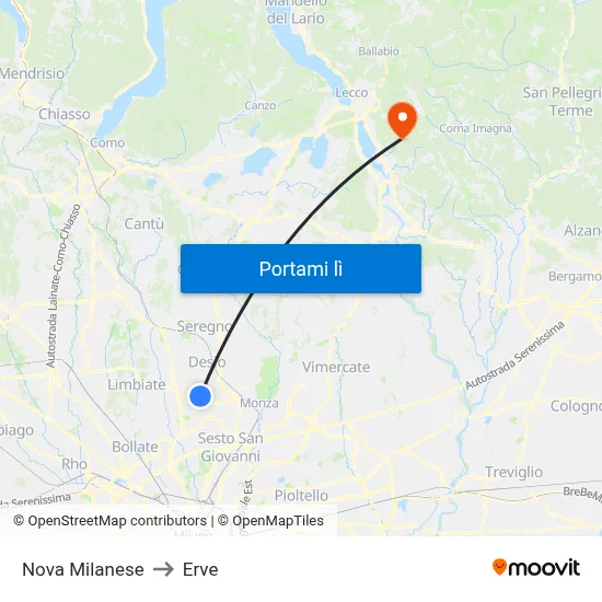 Nova Milanese to Erve map