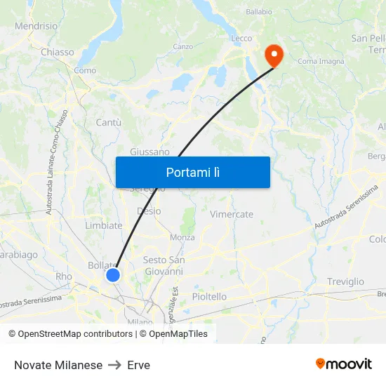 Novate Milanese to Erve map