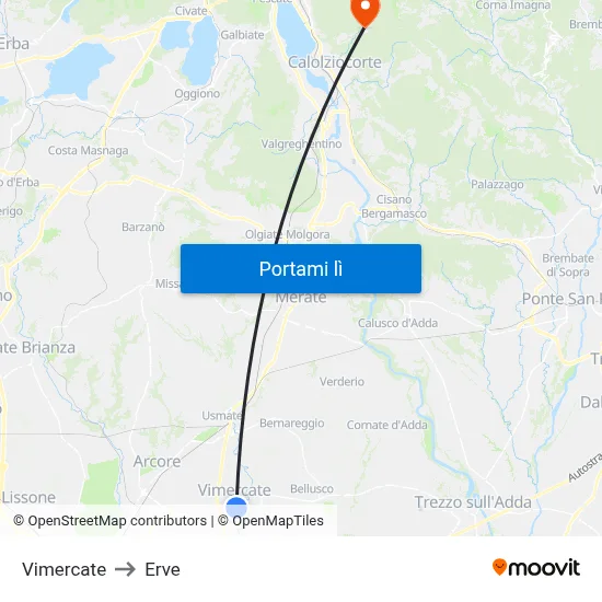 Vimercate to Erve map
