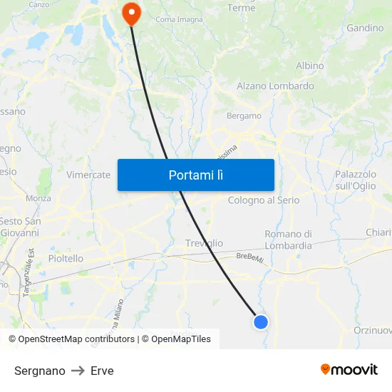 Sergnano to Erve map