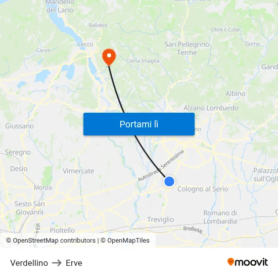 Verdellino to Erve map