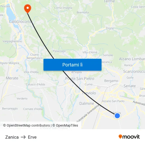 Zanica to Erve map