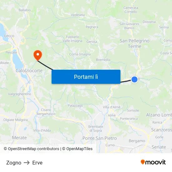 Zogno to Erve map
