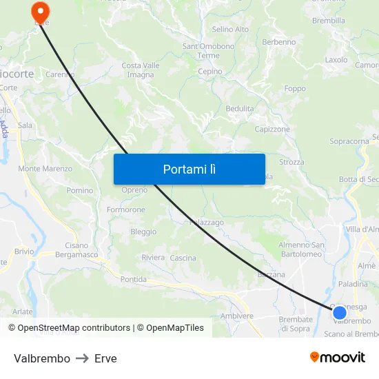 Valbrembo to Erve map