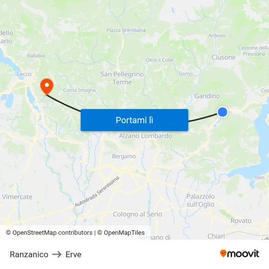 Ranzanico to Erve map