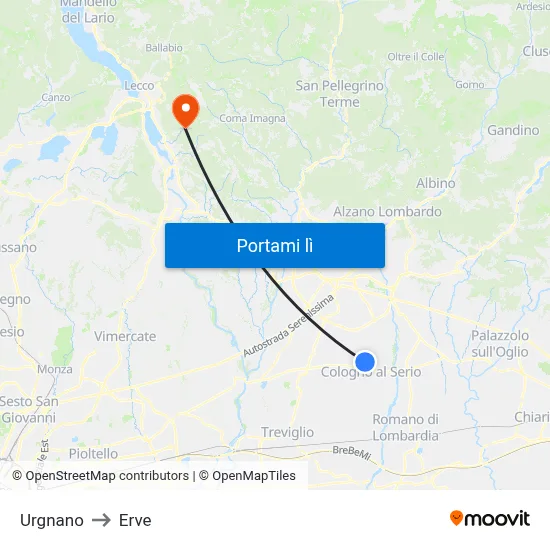 Urgnano to Erve map