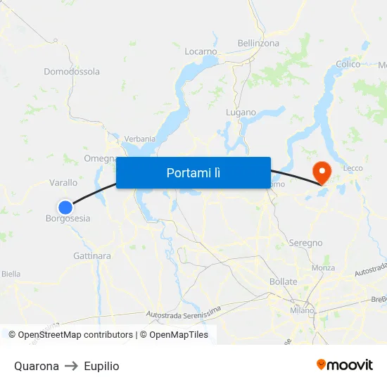 Quarona to Eupilio map