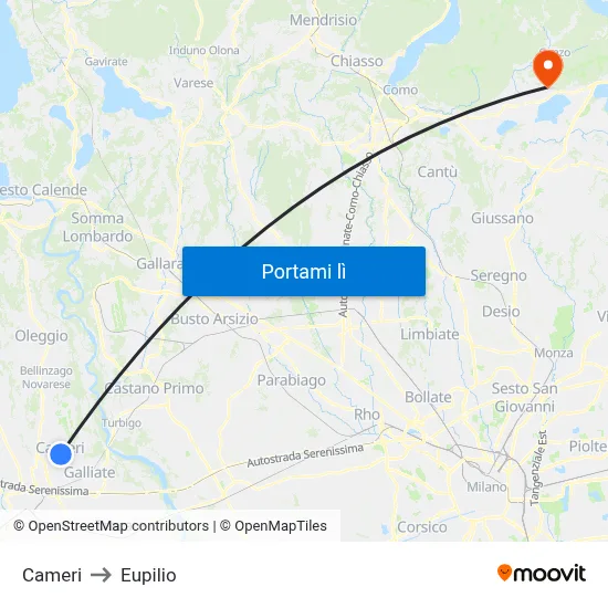 Cameri to Eupilio map