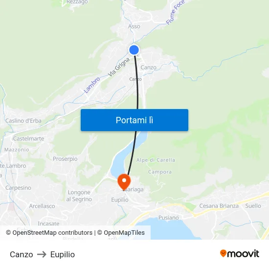 Canzo to Eupilio map