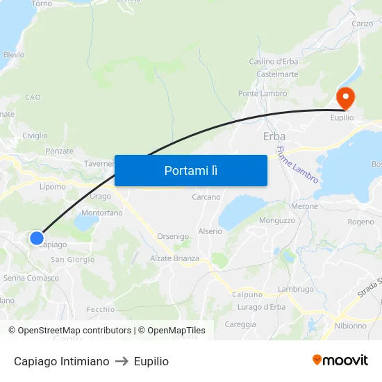 Capiago Intimiano to Eupilio map