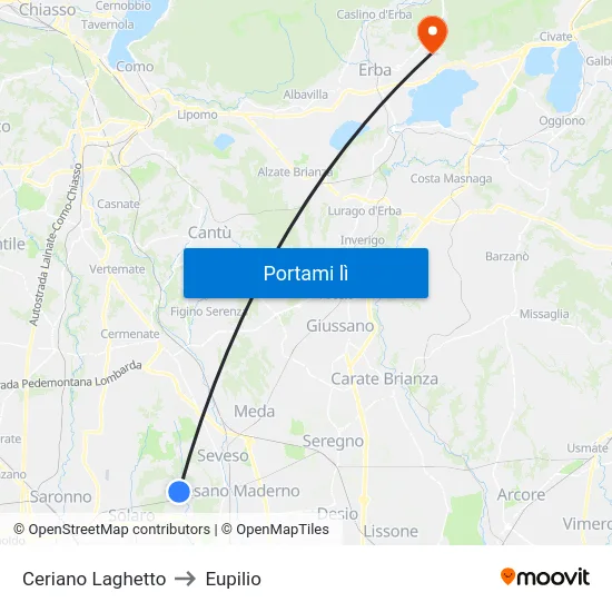 Ceriano Laghetto to Eupilio map