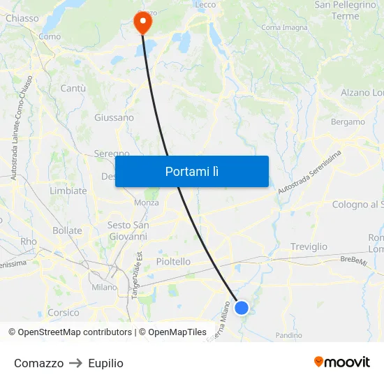 Comazzo to Eupilio map