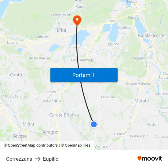 Correzzana to Eupilio map