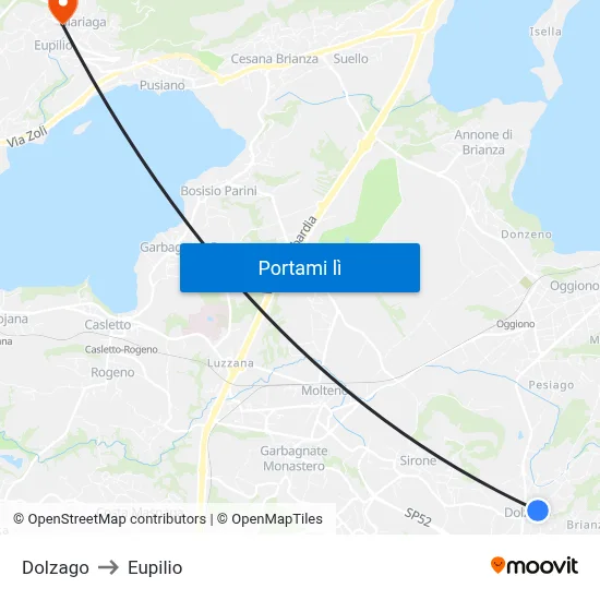 Dolzago to Eupilio map