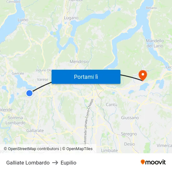Galliate Lombardo to Eupilio map