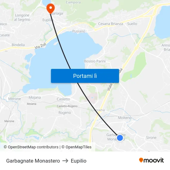 Garbagnate Monastero to Eupilio map