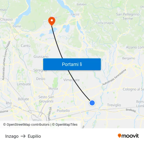 Inzago to Eupilio map
