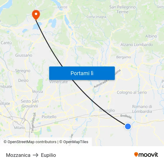 Mozzanica to Eupilio map