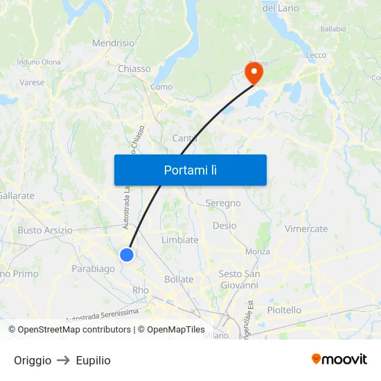 Origgio to Eupilio map