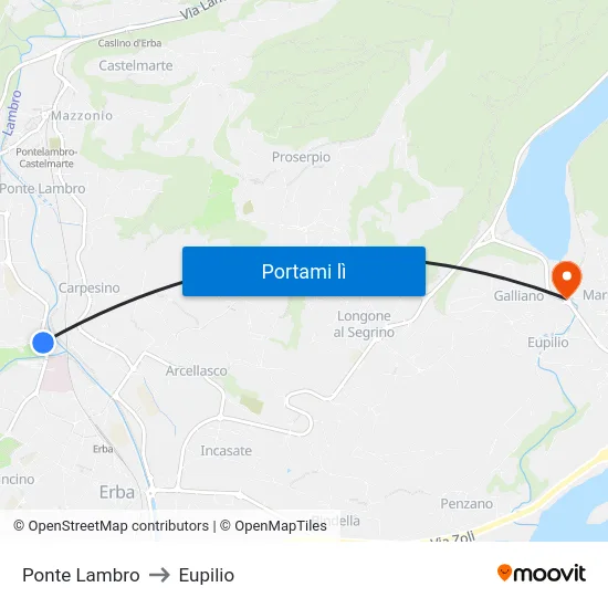 Ponte Lambro to Eupilio map