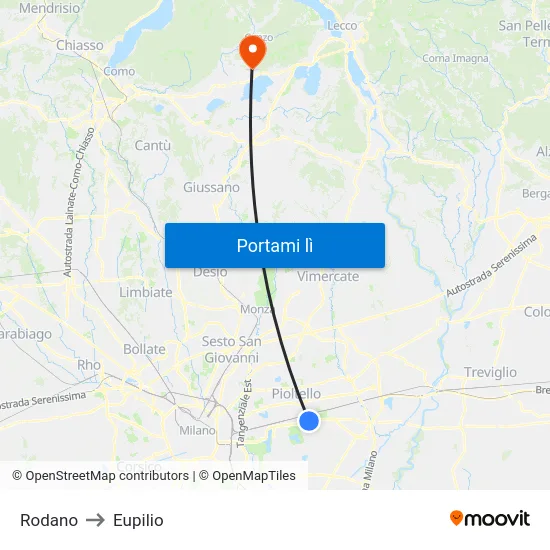 Rodano to Eupilio map